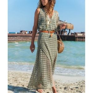 NEW! Khaki Cross-Front Openwork Lined Maxi Dress (NWT)